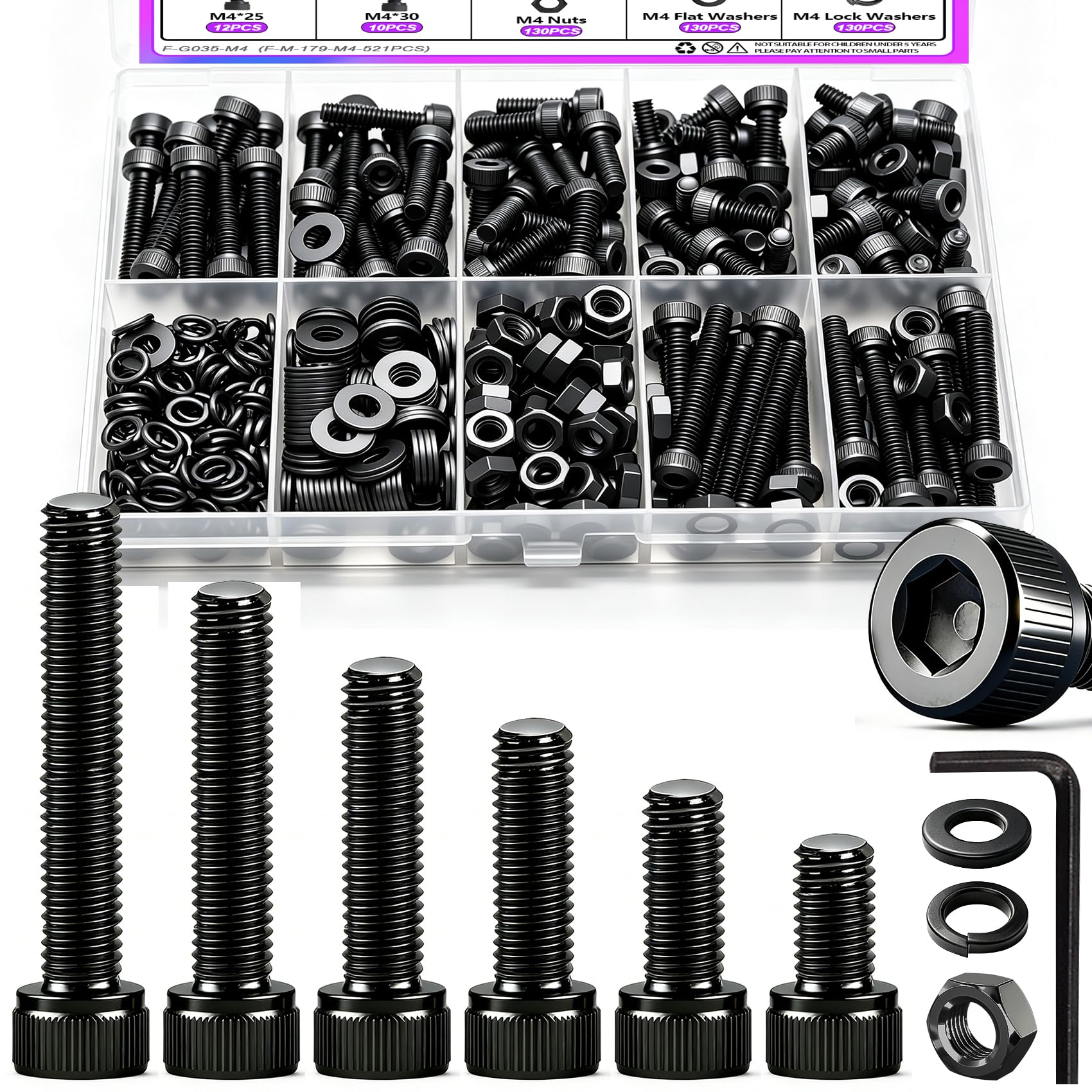 Taiss 380PCS M4 Screw Kit M4x6/8/12/16/20/30mm 6 Size Hex Socket Head Cap Screws