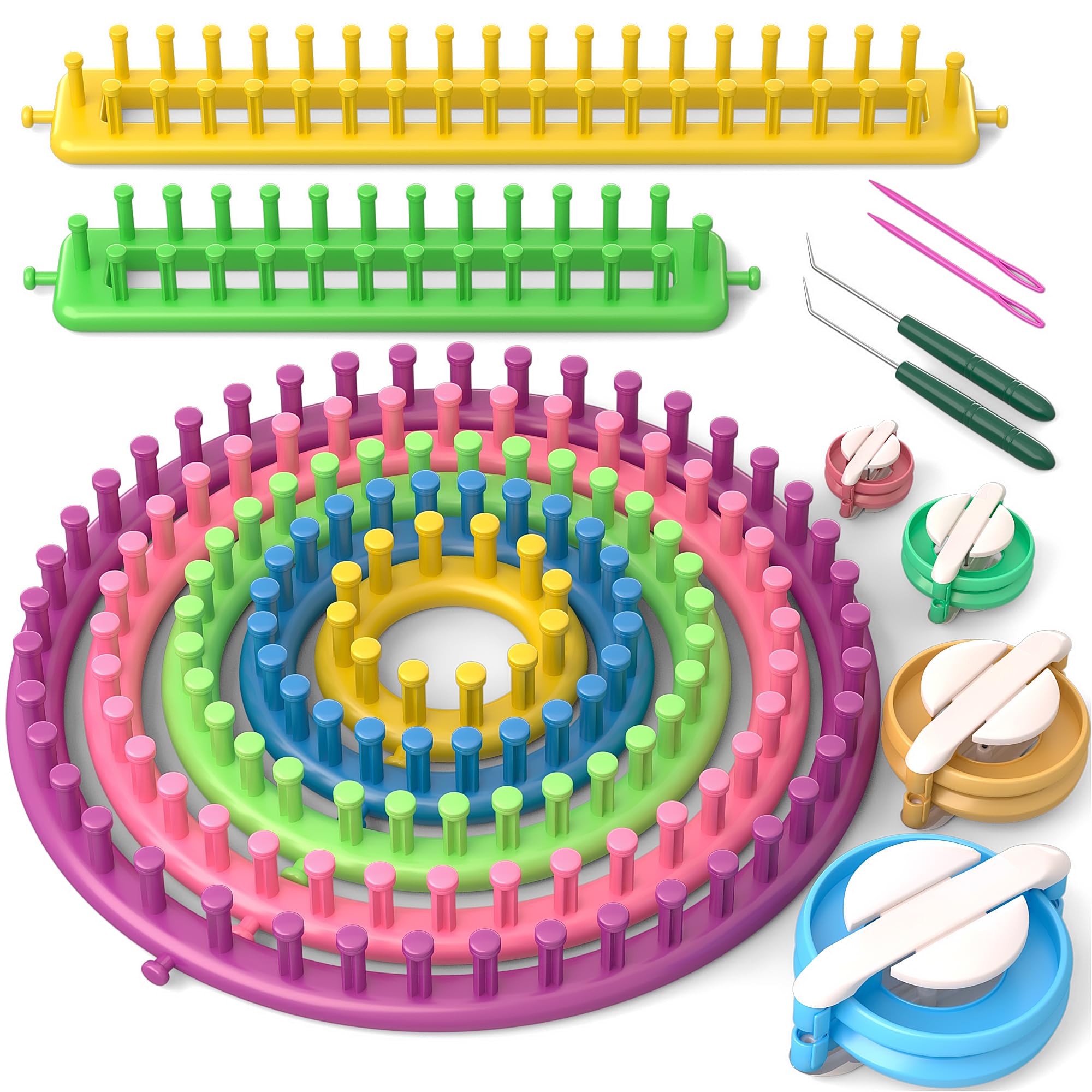 READAEER Knitting Loom Kit with Pompom Maker, Round Knitting Loom for Hat, Recta