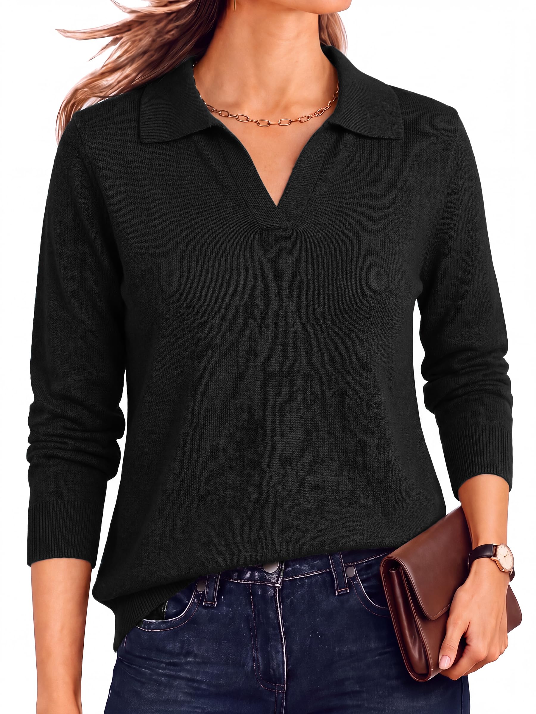 Arach&Cloz Women's Autumn Winter Polo Sweater in Soft Wool Blend Long Sleeves