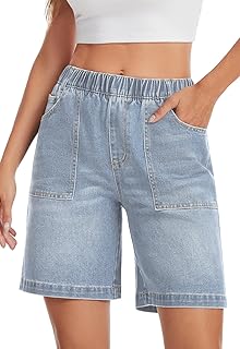 Metietila Pull-on Bermuda Shorts for Women High Waisted Elastic Waist Jean Shorts Baggy Summer 8 Inch Inseam Denim Jorts