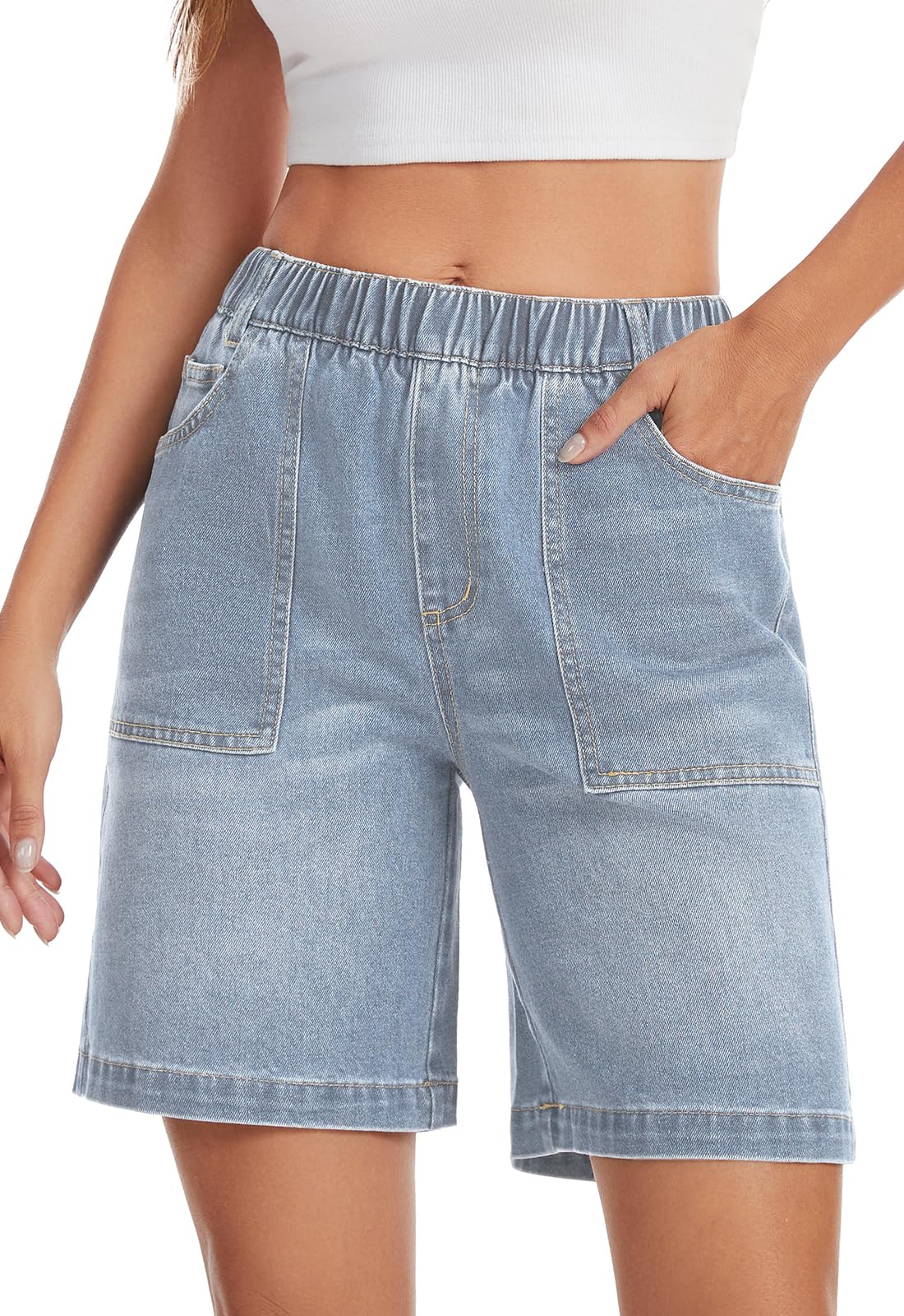 Metietila Pull-on Bermuda Shorts for Women High Waisted Elastic Waist Jean Short