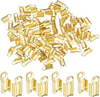 Generic 100pcs 3mm Fold Over Cord Ends Brass Crimp Cap Fastener Tips for DIY Leather Cord Craft Gold