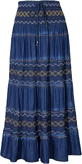 DREFBUFY Womens Denim Skirt High Waist Pleated Tiered Long Skirts Maxi Casual Style Jean Dress for Women