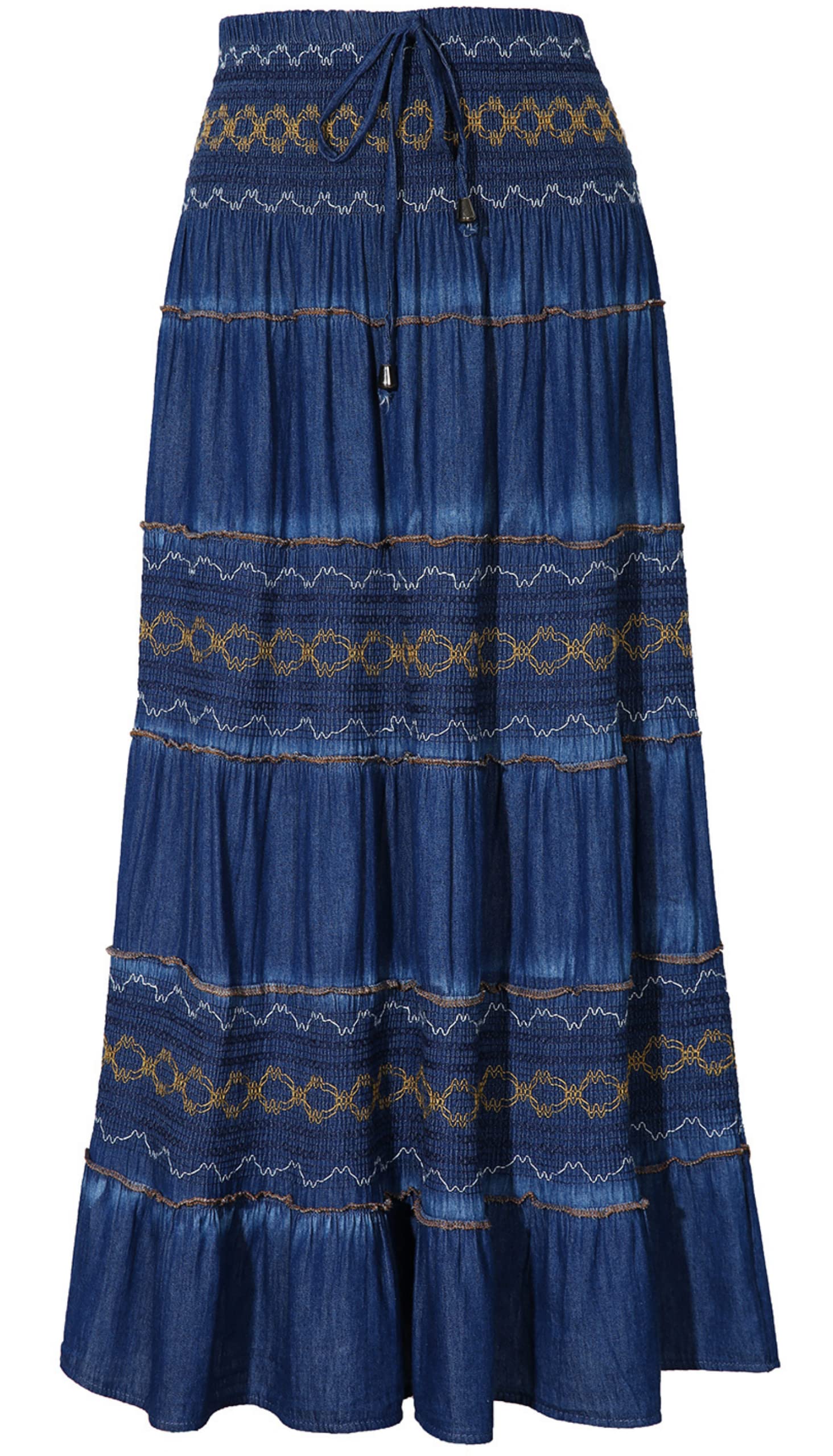DREFBUFY Womens Denim Skirt High Waist Pleated Tiered Long Skirts Maxi Casual St