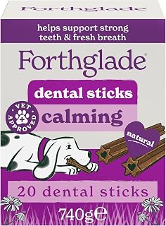 Forthglade Calming Dental Chews for Dogs, 20 Sticks, Dog Treats Infused with Calming Botanicals, Helps Freshen Breath, Remove Plaque & Tartar from Teeth, Hypoallergenic & Grain-Free, Resealable Bag