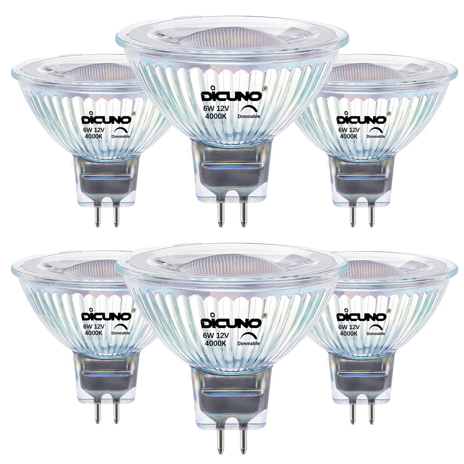DiCUNO MR16 LED Bulb Dimmable, 4000K Natural, 12V 60W Equivalent, 6-Pack