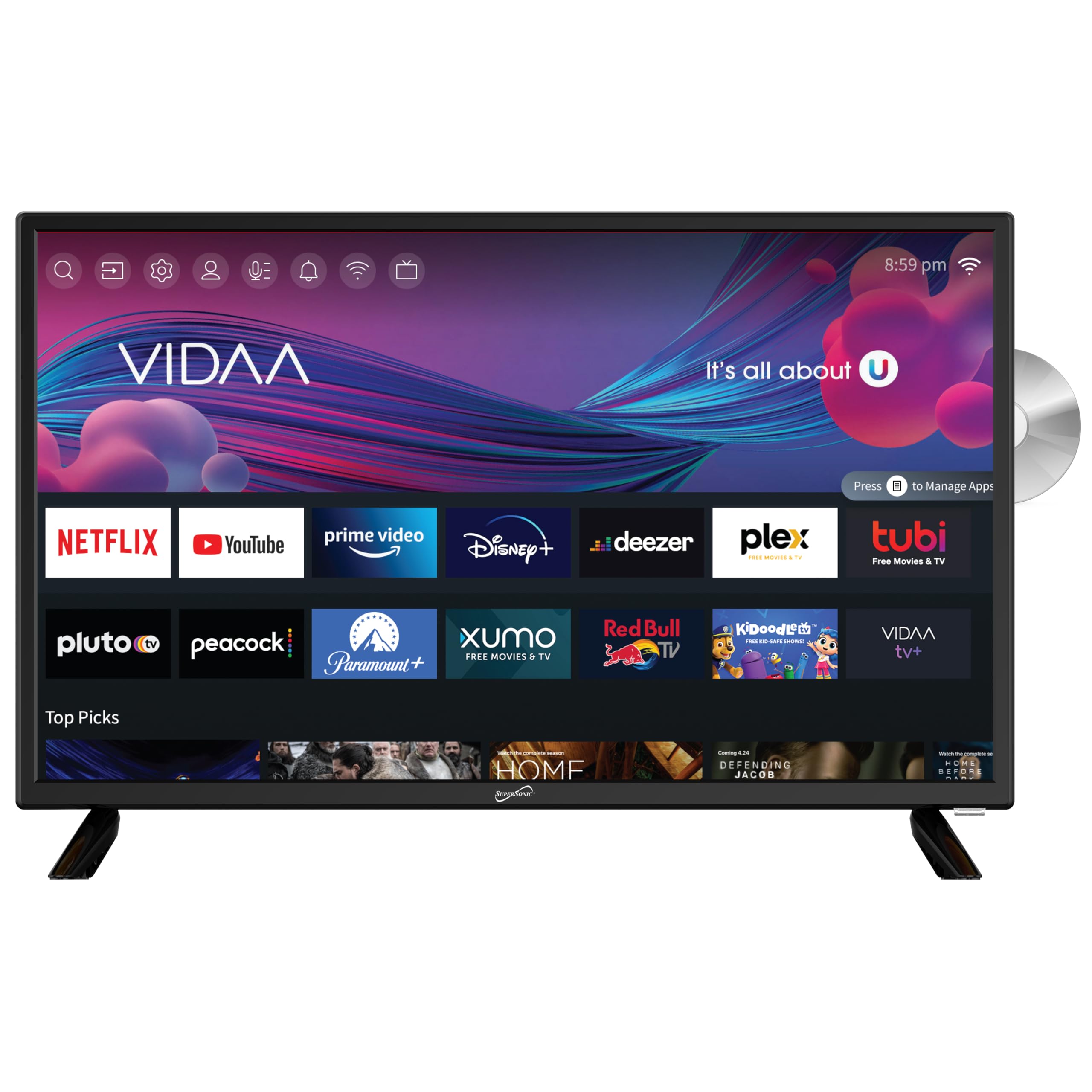Supersonic SC-2426SDVD 24-inch LED Smart HDTV w/DVD Player, ATSC & NTSC System, 