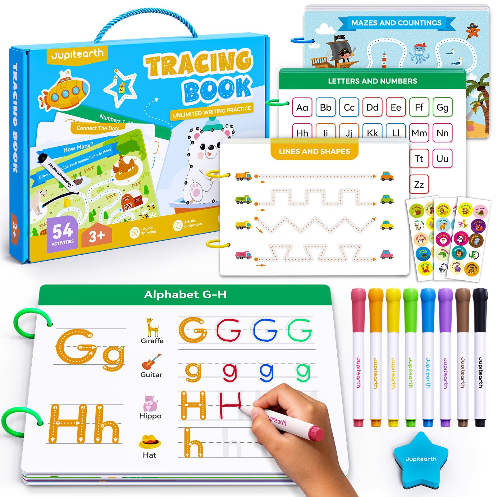 JUPITEARTH 54 Reusable Pages Tracing Books for Kids Ages 2-5 | Preschool Learnin
