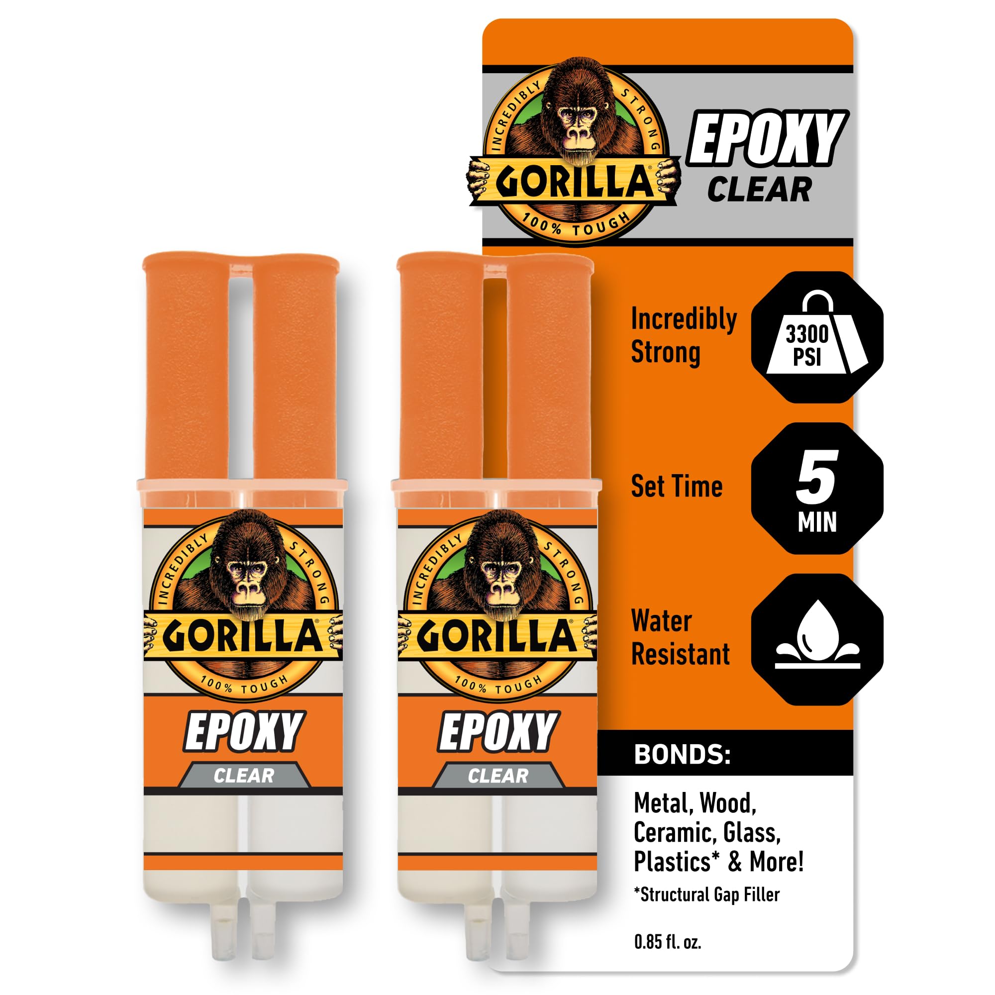 Gorilla 2 Part Epoxy, Clear Epoxy, 0.85 Ounce Syringe (Pack of 2) - 5 Minute Set