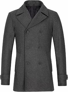 Men's Double Breasted Wool Blend Pea Coat, Quilted Lined Overcoat