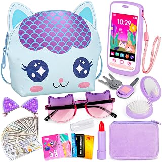 Oisacirg Cat Purse with Phone, 30Pcs Pretend Play Toys for Girls Ages 3-6 | Cat-Themed Set, Pretend Makeup, Wallet, Play Money for Role Play, Birthday Gifts, Mommy-and-Me Play, Multi-Scene Pretend Play