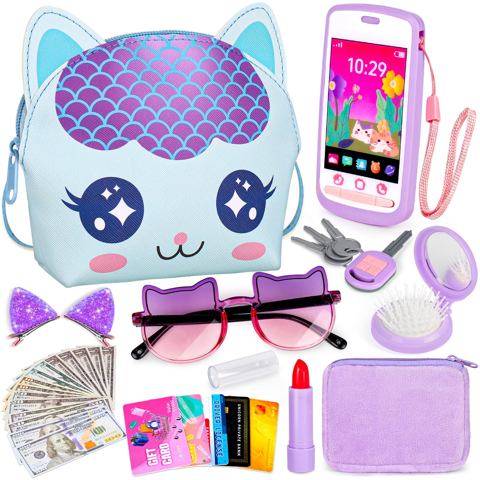 Oisacirg Cat Purse with Phone, 30Pcs Pretend Play Toys for Girls Ages 3-6 | Cat-