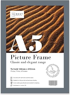 Almost Frameless A5 Grey Picture Frame, Fits A5 (14.8 x 21cm - 5.8 x 8.3in) Poster, Photo, or Print. Portrait and Horizontal Wall Hooks/Kickstand Wall Art Display