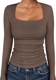 ANRABESS Long Sleeve Shirts for Women Ribbed Square Neck Tops