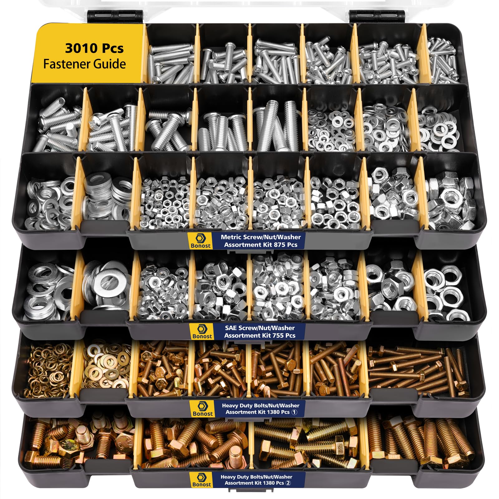 Bonost 3010pcs Nuts and Bolts Kit with Grade 8.8 Metric Hex Bolts, 4 Trays | Bol