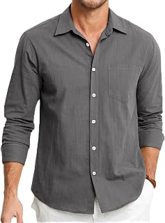 HISDERN Men's Linen Cotton Shirts Long Sleeve Lightweight Regular Fit Solid Button Casual Summer Shirt with Pocket