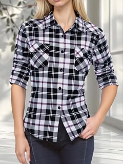 Women's Long Sleeve Flannel Plaid Button Down Shirts Casual Blouse