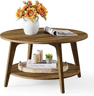 VASAGLE MAEZO Collection - Round Coffee Table, 2-Tier Center Table with Storage, Tapered Legs, Curved Transitions, 80 x 45 cm, Easy Assembly, for Living Room, Honey Brown ULCT243K41