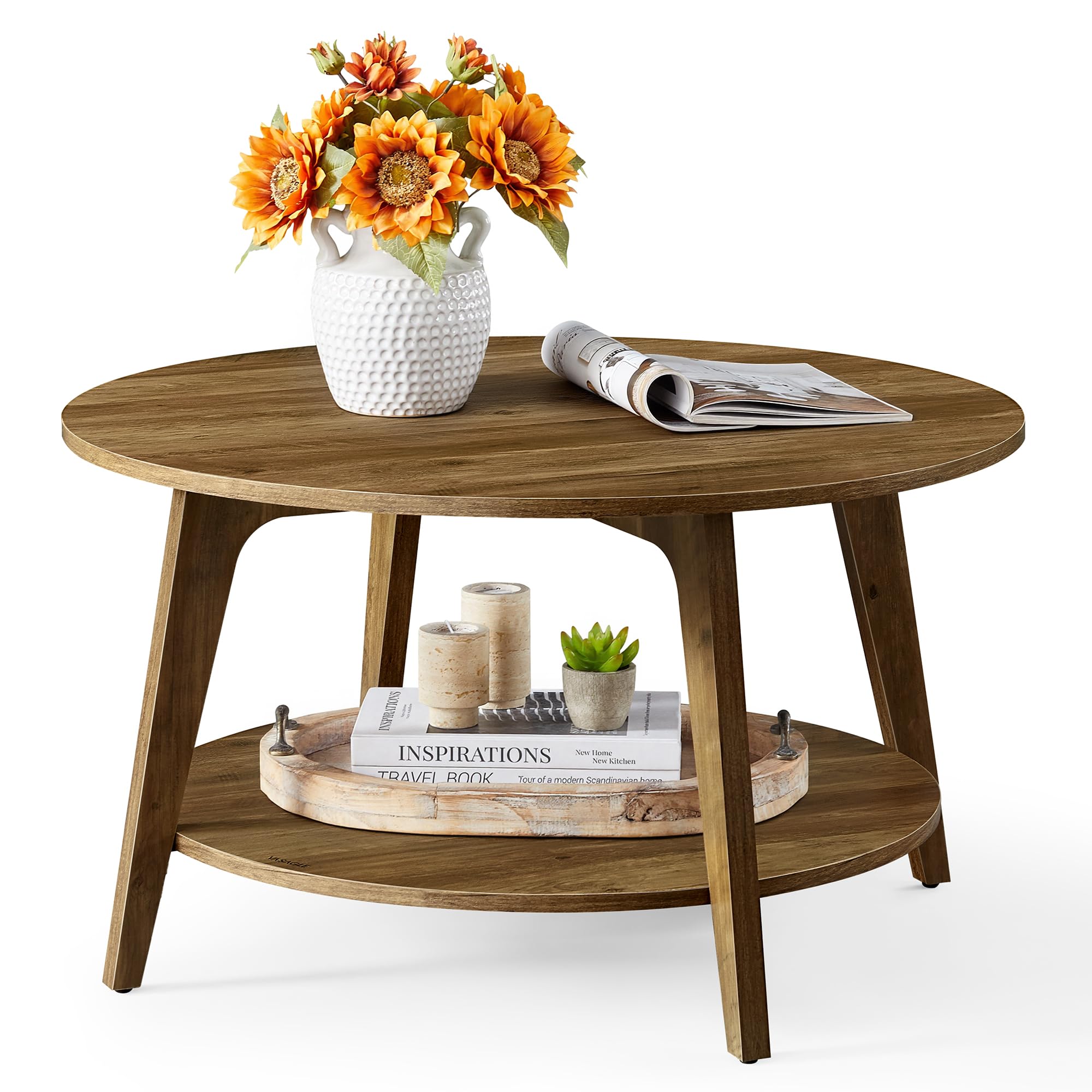 VASAGLE MAEZO Collection - Round Coffee Table, 2-Tier Center Table with Storage,