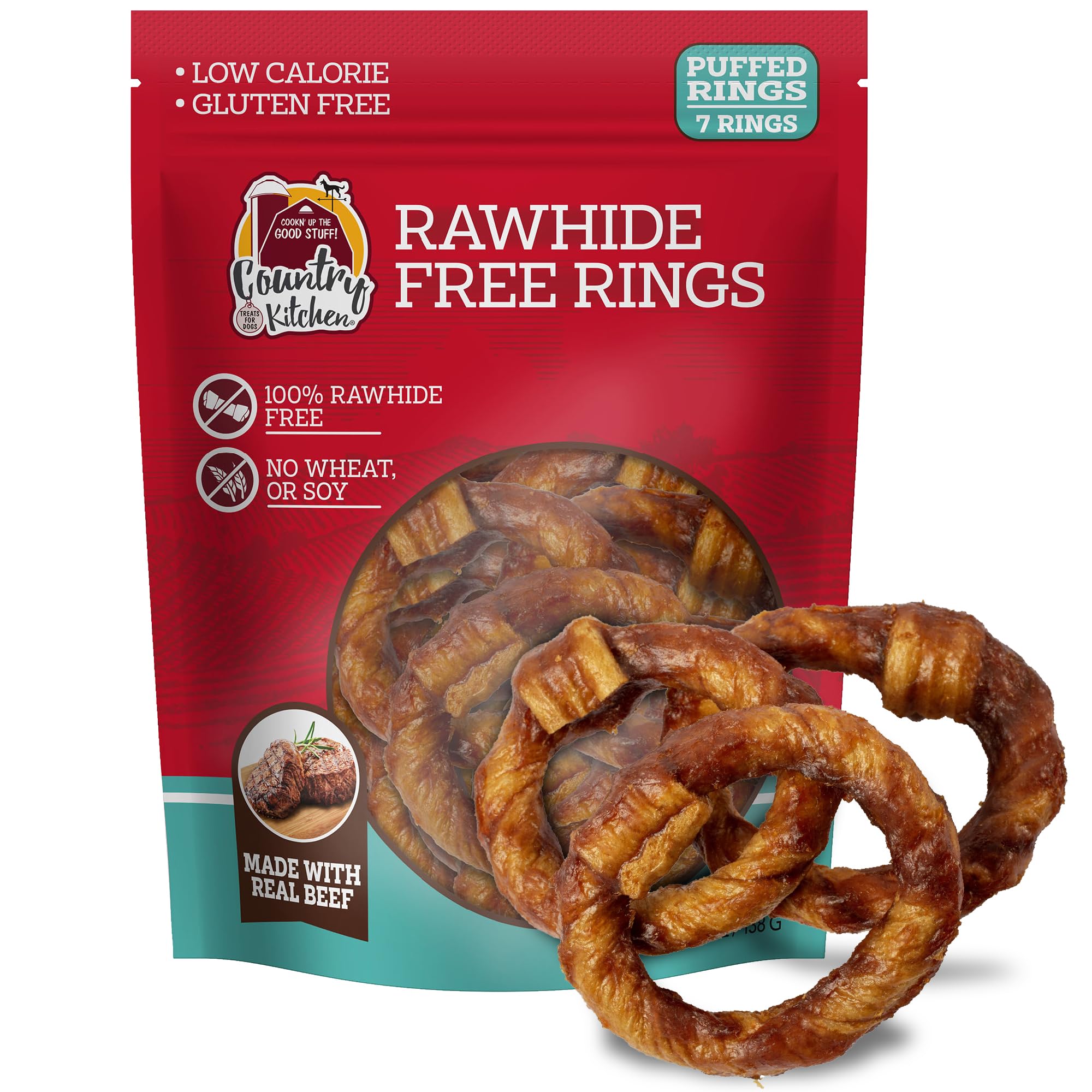 Country Kitchen Rawhide Free Beef Rings Dog Chews, 7 Count | Made with Real Beef