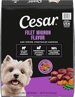 Cesar Small Breed Dry Dog Food, Filet Mignon & Spring Vegetables, 12 lb | Real beef #1 ingredient, 36 essential nutrients, supports small breed health, no artificial flavors, easy to chew