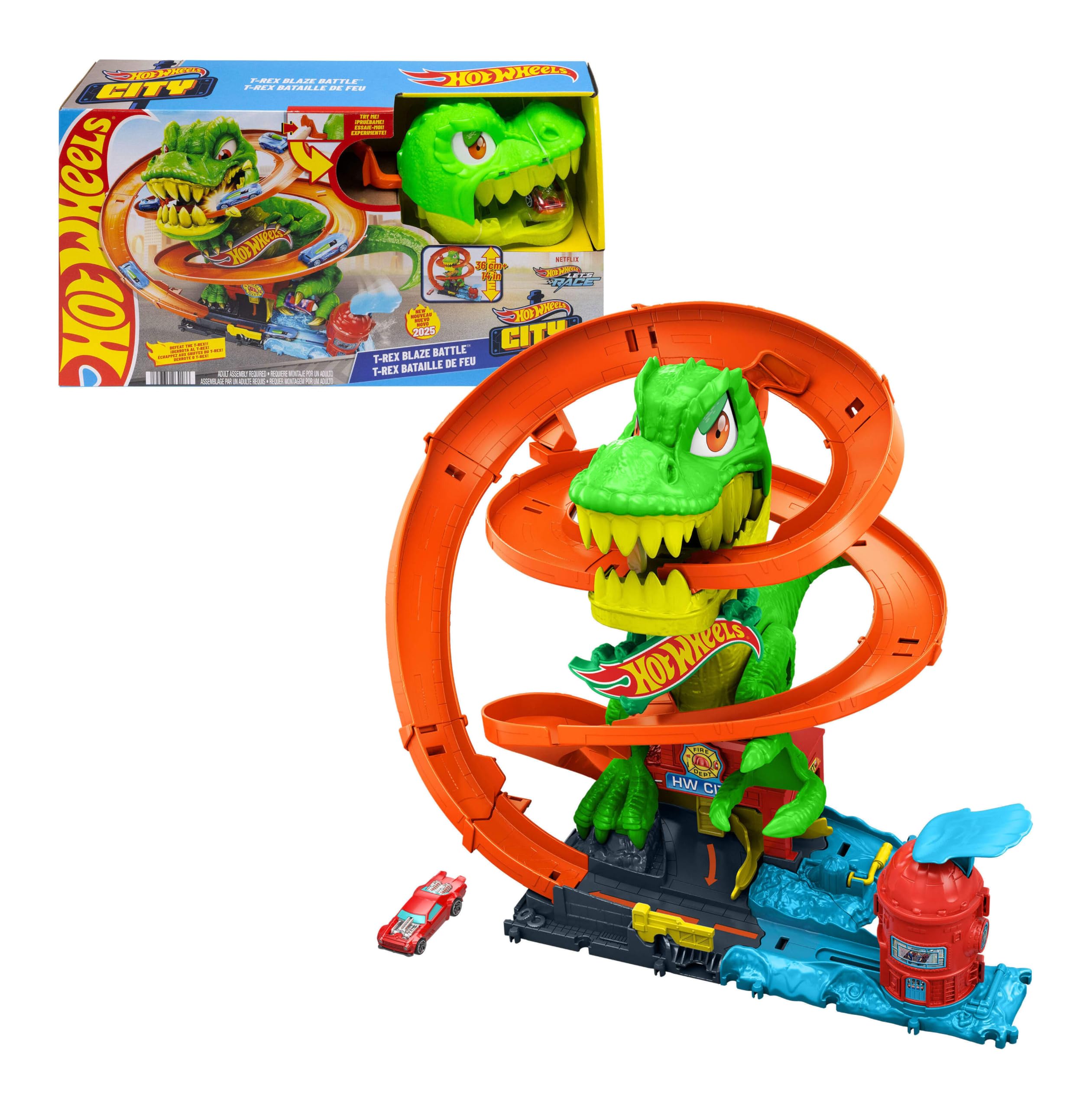 Hot Wheels City T-Rex Blaze Battle & 1:64 Scale Die-Cast Toy Car​​ | 18” Tall Tr