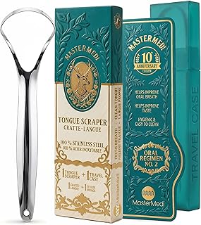 MasterMedi Tongue Scraper for Adults, 100% Stainless Steel Tongue Scrubber for Bad Breath, Easy to Use, Tongue Cleaner for Oral Care & Hygiene (SPTC-1|with Case)