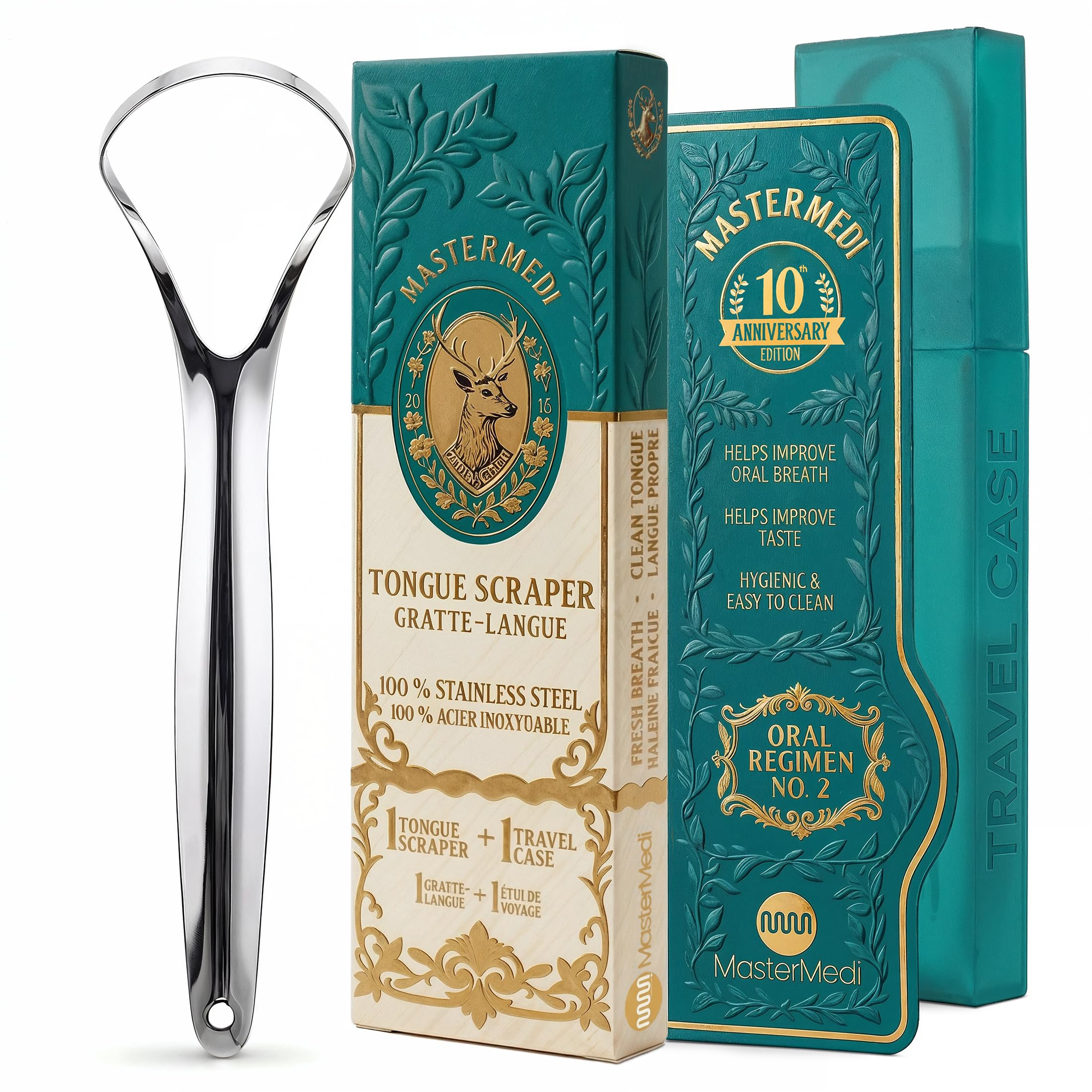 MasterMedi Tongue Scraper for Adults, 100% Stainless Steel Tongue Scrubber for B