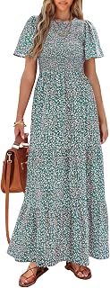 PRETTYGARDEN Women's Smocked Top Spring Dresses for Women 2024 Short Sleeve Floral Maxi Dress for Women Modern