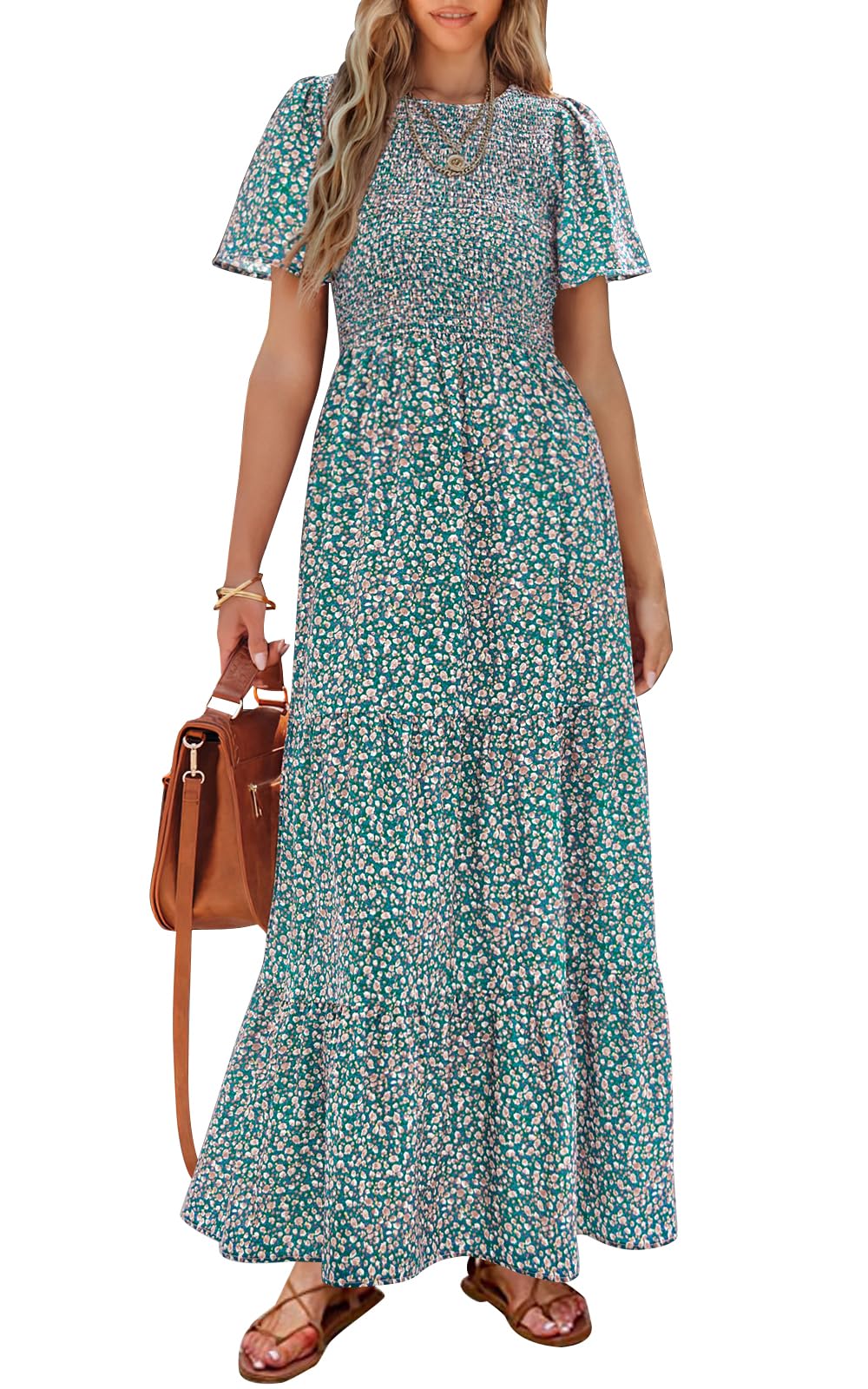 PRETTYGARDEN Women's Smocked Top Spring Dresses for Women 2024 Short Sleeve Flor