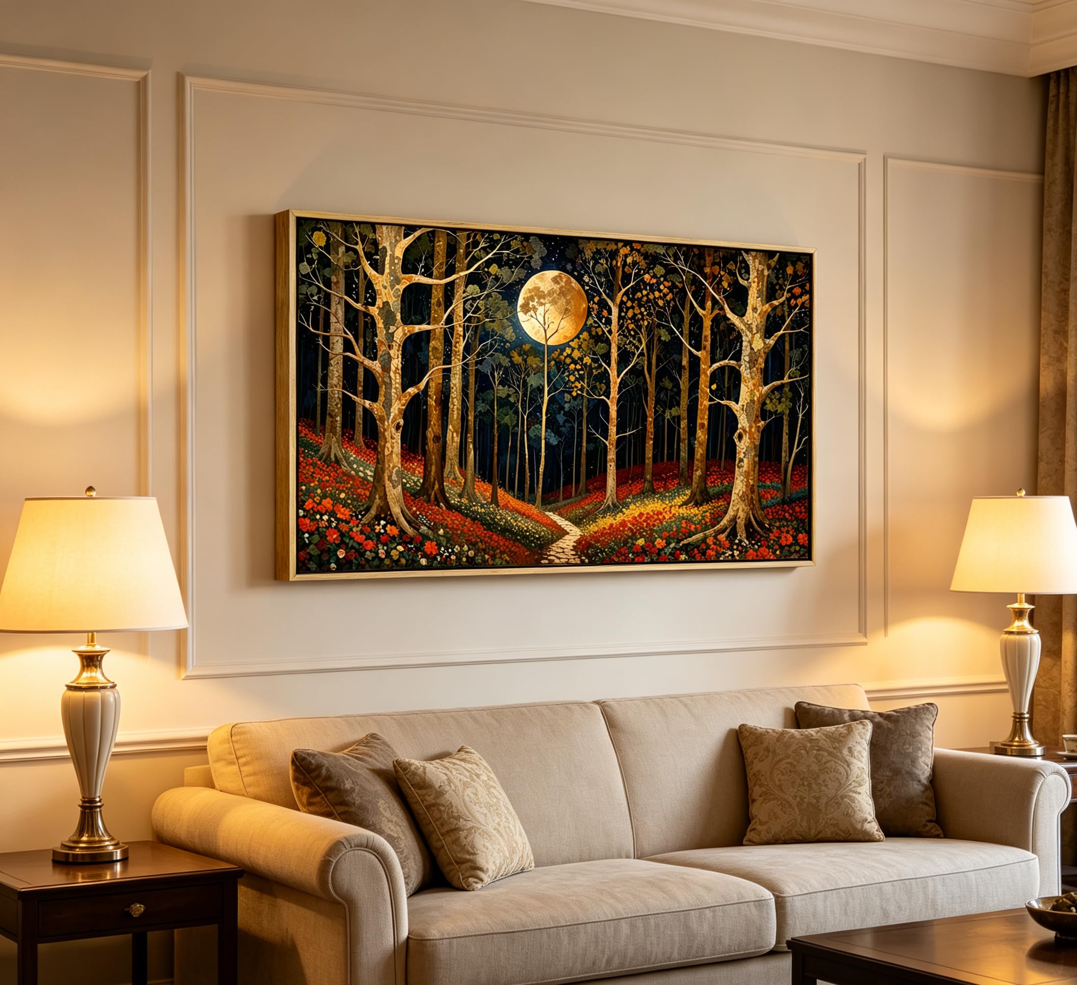 Large Framed Nature Forest Wall Art, Moon Floral Painting Poster Artwork