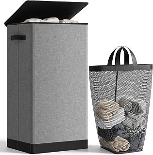 SOLEDI 100L Laundry Basket with Lid Large Laundry Hamper, Clothes Hamper with Laundry Bag Easy to Carry, Collapsible Storage Bins for Bedroom, Bathroom, Dorm, Apartment, College, Wardrobe, Grey