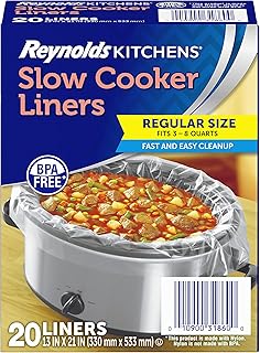 Reynolds Kitchens Slow Cooker Liners, Regular Size, Fits 3-8 Quarts, 20ct | Fits 3-8 Qt Round and Oval Slow Cookers, No-Scrub Cleanup, Food-Safe Nylon Blend Material, Heat-Resistant To 400F, BPA-Free