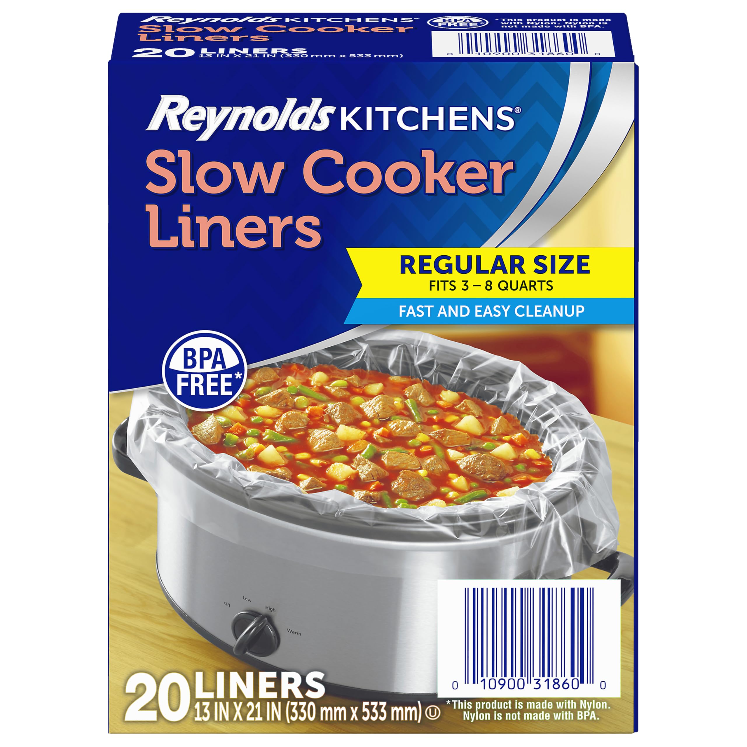 Reynolds Kitchens Slow Cooker Liners, Regular Size, Fits 3-8 Quarts, 20ct | Fits