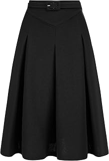 Allegra K Women Office Work Belted Waist Midi A-Line Pleated Skirt