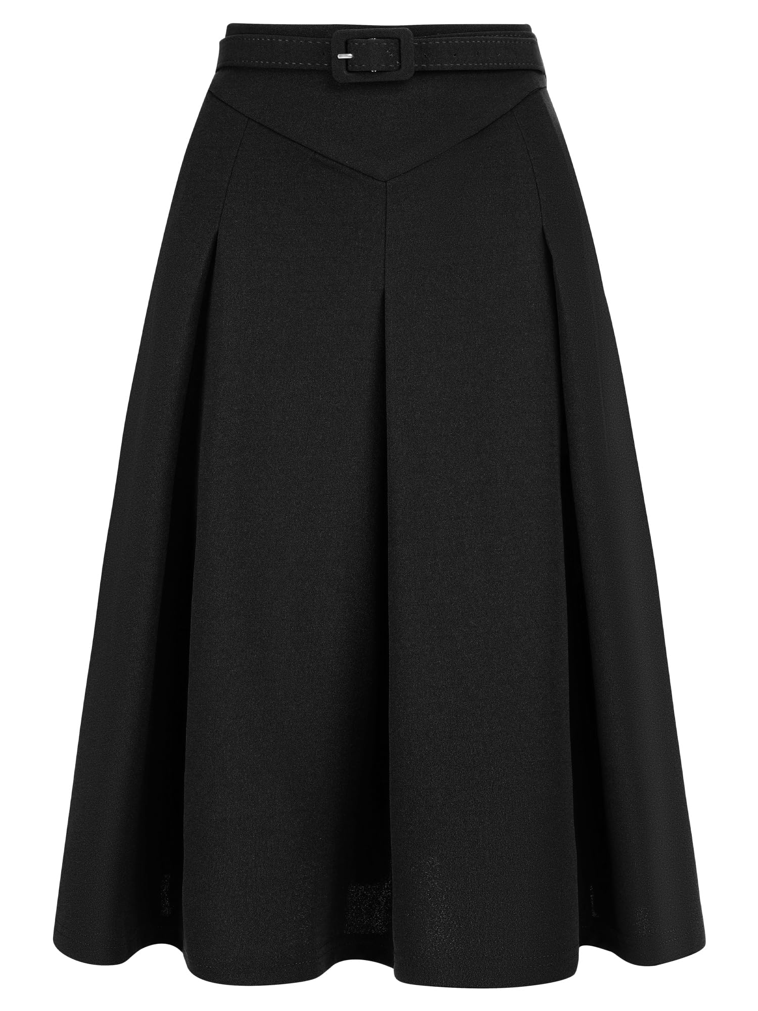 Allegra K Women Office Work Belted Waist Midi A-Line Pleated Skirt