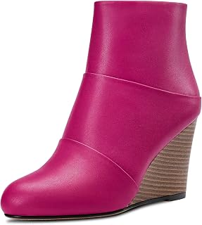 HDEUOLM Women's High Wedge Esparto Heel Closed Toe Round Toe Ankle Boots 8.5 CM Heels Slip-on Zipper Cute Shoes
