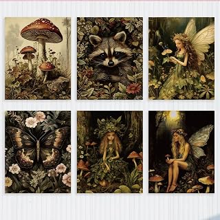 6Pcs Fairycore Dark Aesthetic Forest Mushroom Wildlife Wall Decor Unframed Art Print Wall Art for Home Living Room Bathroom Bedroom