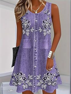 Floral Printed Summer A-Line Elegant Dresses Womens Vintage Sleeveless Beach Sundress Ladies Casual Loose Boho Dress