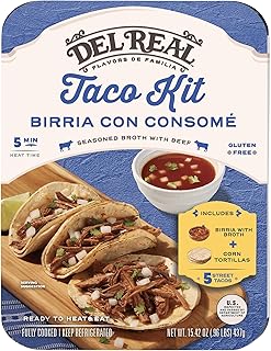 Del Real Foods Beef Birria Taco Kit Jalisco Style Gluten Free Ready 5 Units | Slow cooked beef, rich consome, 10 corn tortillas, 8g protein per serving, refrigerated, quesadillas