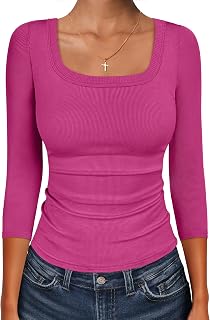 ANRABESS Womens 3/4 Sleeve Tops Scoop Neck Fitted Ribbed Tee Shirts