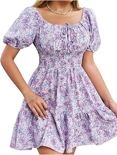 Floerns Women's Boho Square Neck Puff Short Sleeve Self Tie Front A Line Dress