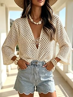 Women Hollow Out Bell Sleeve Top Deep V Neck Crochet Blouse Casual Beach Vacation Lightweight 2026 Summer Shirt