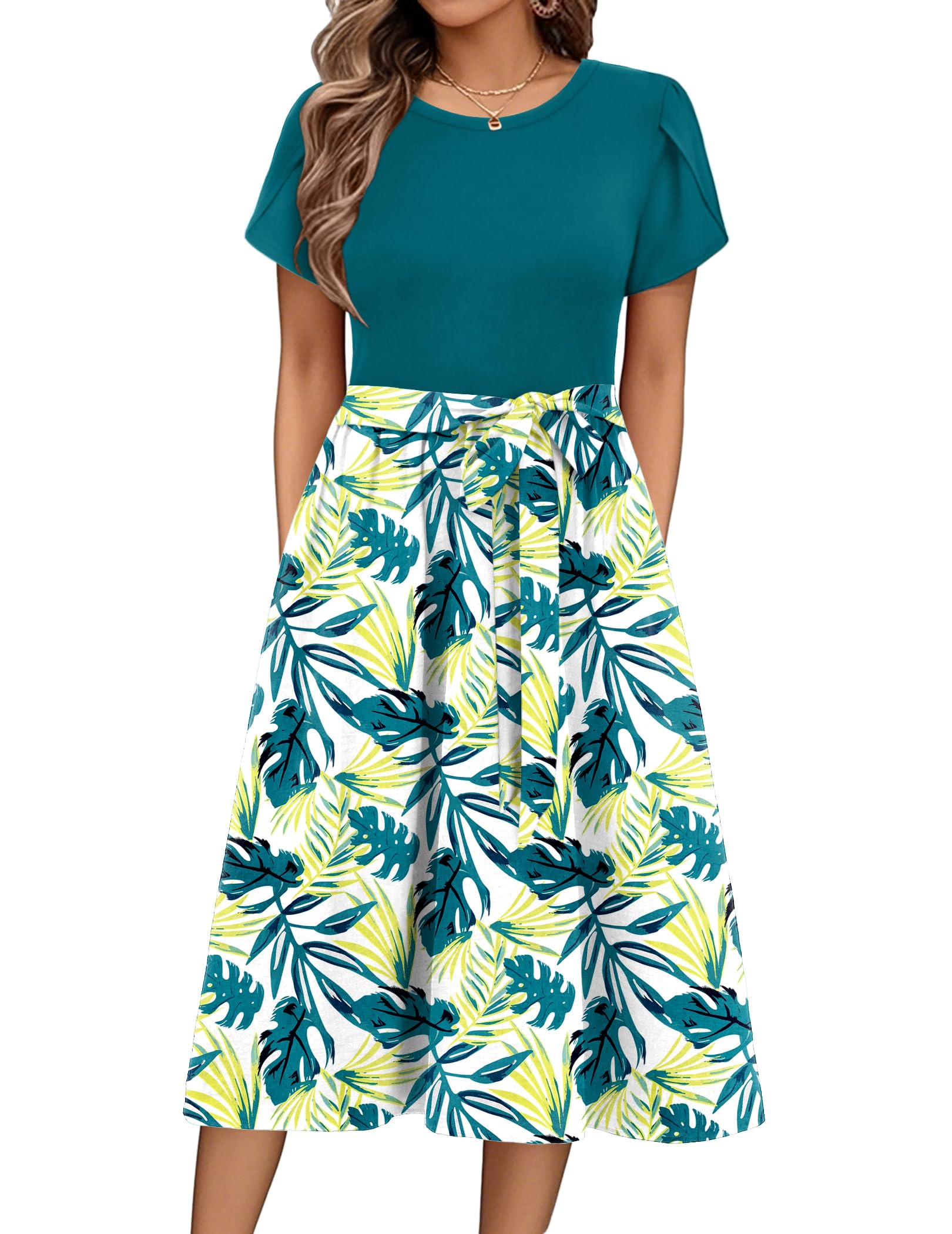 Zeagoo Summer Dress for Women Short Sleeves Dresses Round Midi