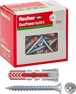 Fischer 50 Duopower Dowels with Screw, 6 x 30 mm, for Solid Wall, Perforated Brick, Drywall, 544016