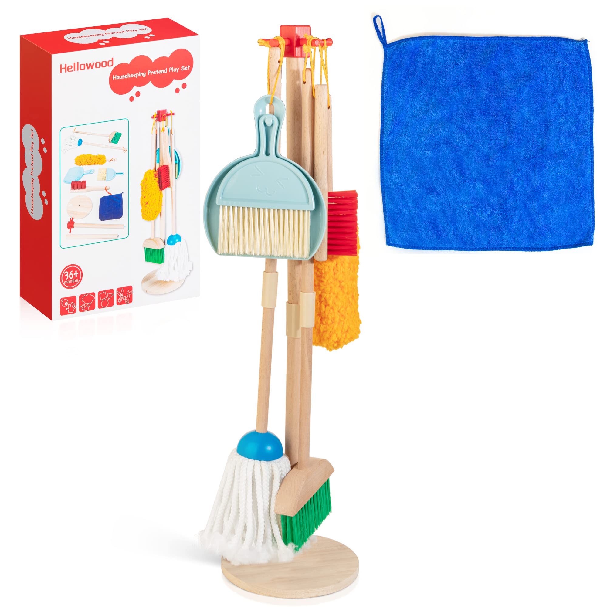 Kids Cleaning Set, 8 Pcs Wooden Housekeeping Play Toy Broom Mop Set | Brushes Ra