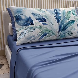 PETTI ARTIGIANI ITALIANI - Cotton Sheet Set for 1.5 Seater Bed with Pillowcases and Fitted Sheet 120 x 200 cm, Blue Palm Design, 100% Made in Italy