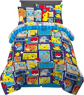 Franco Pokémon Pikachu Twin Size Bedding, Kids Bedding Super Soft Cozy Reversible Comforter and Sheet Set with Sham, 5 Piece Twin Size, (Officially Licensed Product)