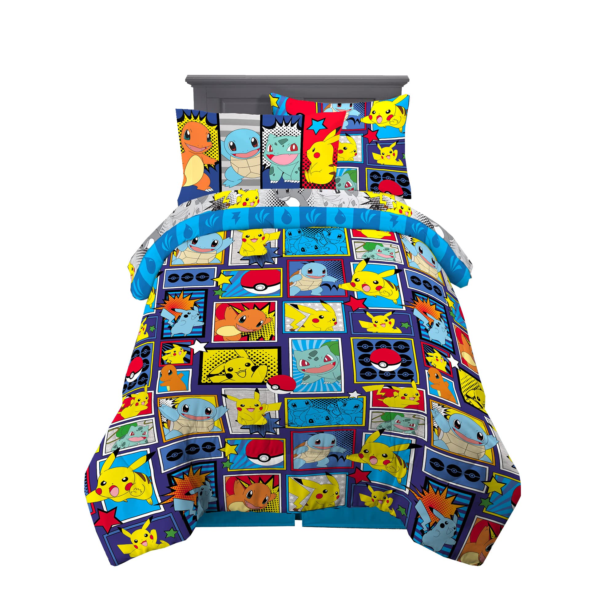 Franco Pokémon Pikachu Twin Size Bedding, Kids Bedding Super Soft Cozy Reversibl