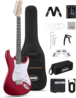 Tostar Electric Guitar Kit for Beginners with 39" Lightweight Body, Red | Rounded Matte Body, SSS Pickups, 5 Way Switch, 1:18 Tuners, Vintage Tremolo Bridge, 5W Amp, Complete Accessories Kit